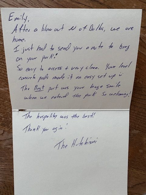 Handwritten thank-you card from the Hutchisons