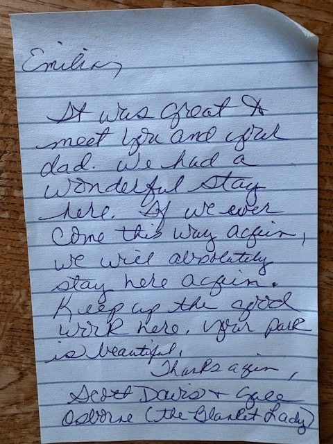 Handwritten thank-you note from Scott Davis and Greg Osborne